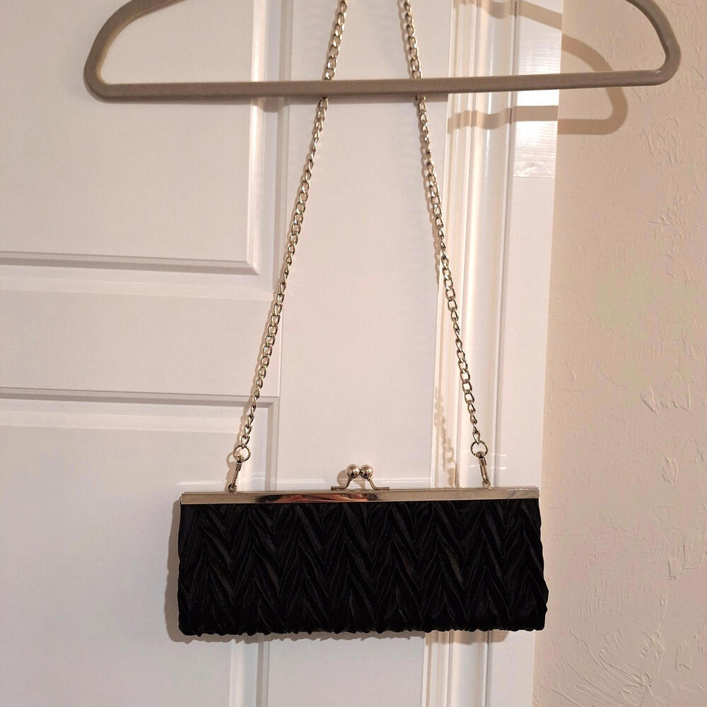 Black Pleated Clutch Bag Silver Chain Evening Formal Whimsigoth Coquette Wedding